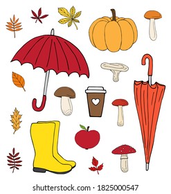 Vector set bundle of colored hand drawn doodle sketch autumn elements isolated on white background