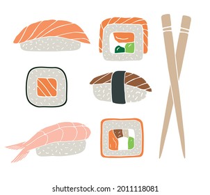 Vector set bundle of colored hand drawn doodle sketch sushi roll isolated on white background