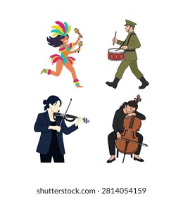 A vector set bundle combining a carnival dancer, marching drummer, female violinist, and a cellist performing.