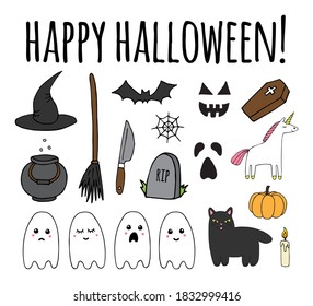 Vector set bundle of different color hand drawn doodle sketch Halloween elements isolated on white background