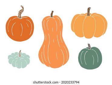 Vector set bundle of different color hand drawn doodle sketch pumpkin isolated on white background