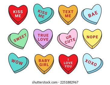 Vector set bundle of different color Valentines candy with love text