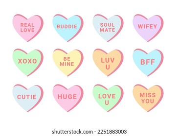 Vector set bundle of different color Valentines candy with love text