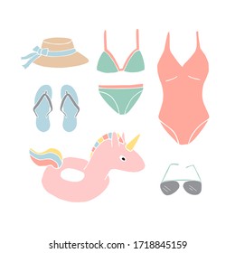 Vector set bundle of different colored hand drawn doodle sketch beach suit and accessories isolated on white background