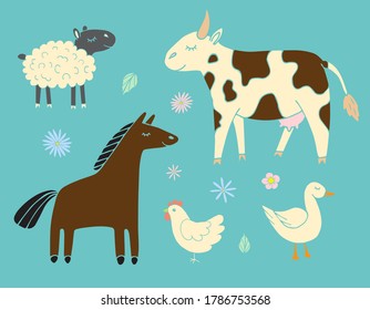 Vector set bundle of different colored hand drawn doodle sketch farm domestic animals isolated on blue background