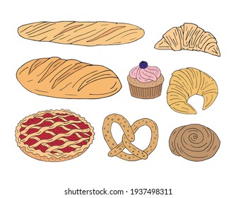 Vector set bundle of different colored hand drawn doodle sketch bakery bread and buns isolated on white background