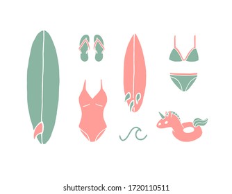 Vector set bundle of different hand drawn doodle sketch beach surf and swimming suit and accessories isolated on white background
