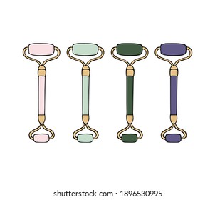 Vector set bundle of different hand drawn doodle sketch gua sha face massage roller isolated on white background