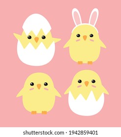 Vector set bundle of different hand drawn flat doodle easter chicks isolated on pink background
