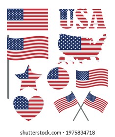 Vector set bundle of flat American USA flag elements isolated on white background