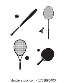 Vector set bundle of flat black different sport equipment isolated on white background