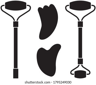 Vector set bundle of flat black stone massage roller and gua sha isolated on white background