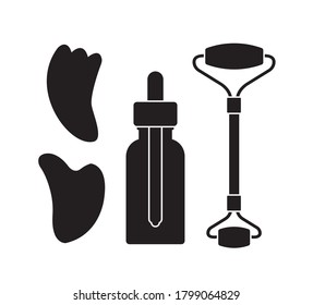 Vector set bundle of flat black stone massage roller gua sha and oil bottle isolated on white background