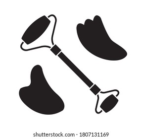 Vector set bundle of flat black stone face roller and gua sha isolated on white background