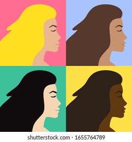 Vector set bundle of flat cartoon different nationalities woman profile head faces isolated on colorful background