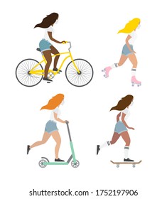 Vector set bundle of flat cartoon woman girl in face mask riding a skateboard bicycle and other activities isolated on white background