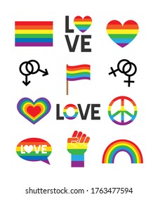 Vector set bundle of flat cartoon lgbt rainbow flag symbol icon isolated on white background