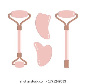 Vector set bundle of flat cartoon rose quartz massage roller and gua sha isolated on white background