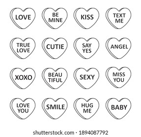 Vector set bundle of flat cartoon Valentine’s candy with love text isolated on white background