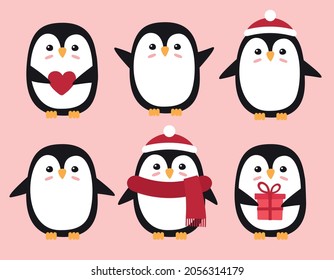 Vector set bundle of flat cartoon penguin in hat and scarf isolated on pink background