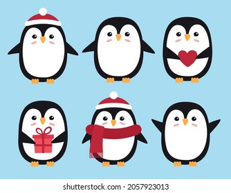 Vector set bundle of flat cartoon penguin in hat and scarf isolated on blue background