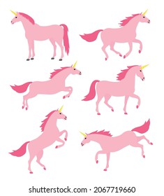 Vector set bundle of flat cartoon unicorn isolated on white background