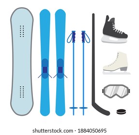 Vector set bundle of flat colored winter sport equipment isolated on white background