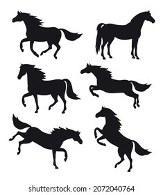 Vector set bundle of flat horse poses silhouette isolated on white background