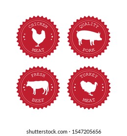 Vector set bundle of flat retro red round logo with domestic animals silhouette isolated on white background