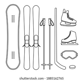 Vector set bundle of flat winter sport equipment isolated on white background