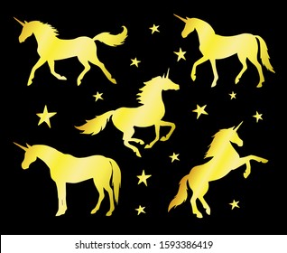 Vector set bundle of gold glitter unicorn silhouette isolated on black background 