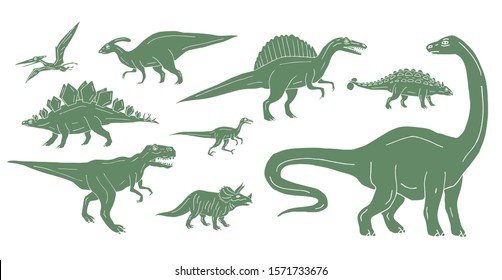 Vector set bundle of green hand drawn doodle sketch dinosaurs isolated on white background