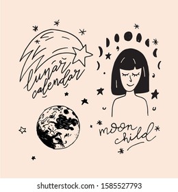 Vector set bundle of  hand drawn doodle sketch with moon and stars isolated on neutral  background