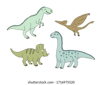 Vector set bundle of hand drawn doodle sketch different colored dinosaur isolated on white background