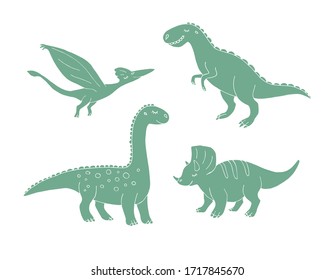 Vector set bundle of hand drawn doodle sketch different green dinosaur isolated on white background