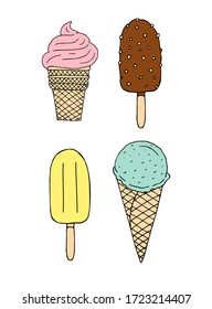 Vector set bundle of hand drawn doodle sketch different colored ice cream isolated on white background