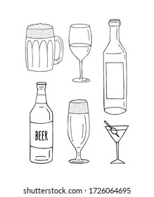 Vector set bundle of hand drawn doodle sketch different alcohol bottles and glasses isolated on white background