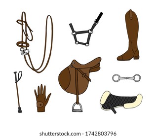 Vector set bundle of hand drawn doodle sketch colored equestrian horse riding equipment isolated on white background