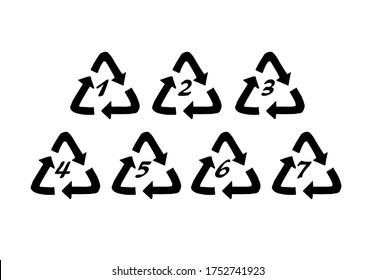 Vector set bundle of hand drawn doodle sketch eco recycle types of plastic isolated on white background