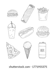 Vector set bundle of hand drawn doodle sketch fast food isolated on white background