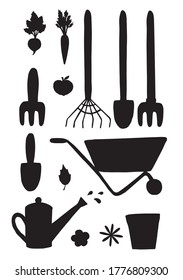 Vector set bundle of hand drawn black gardening equipment silhouette isolated on white background