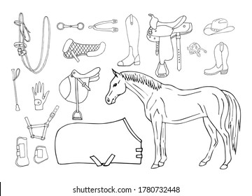 Vector set bundle of hand drawn doodle sketch horse riding equestrian equipment isolated on white background