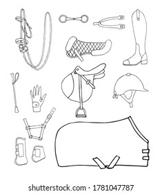 Vector set bundle of hand drawn doodle sketch horse riding equestrian equipment isolated on white background