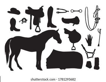 Vector set bundle of hand drawn horse riding equestrian equipment silhouette isolated on white background