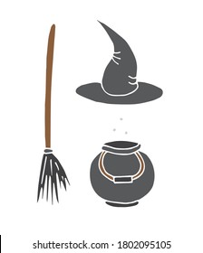 Vector set bundle of hand drawn doodle sketch colored witch hat bowl and broom isolated on white background