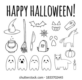 Vector set bundle of hand drawn doodle sketch Halloween elements isolated on white background