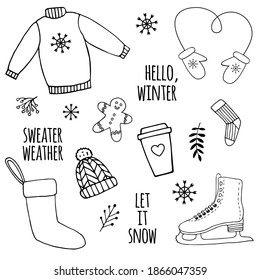 Vector set bundle of hand drawn doodle sketch winter elements isolated on white background