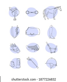 Vector set bundle of hand drawn doodle sketch horse riding equestrian equipment icon isolated on white background