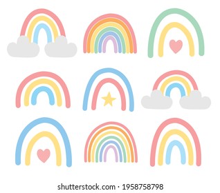 Vector set bundle of hand drawn doodle sketch pastel boho rainbow isolated on white background