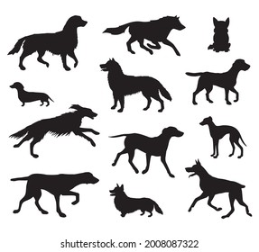 Vector set bundle of hand drawn dog silhouette isolated on white background